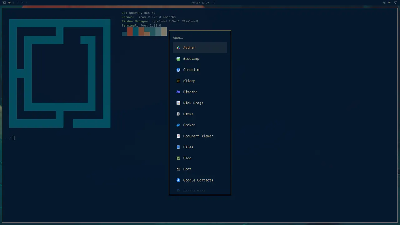 A box's Omarchy desktop with the launcher open, in the Retro 82 theme
