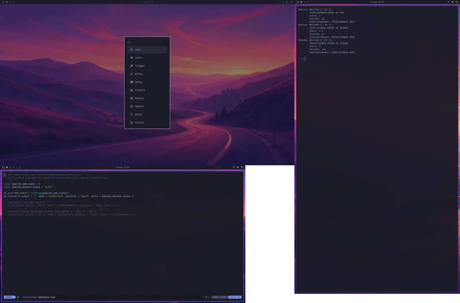 One box with three monitors, each with its own Omarchy bar: the app menu on a 1920x1080 screen, Neovim on a 2560x1440 screen at scale 1.6 below it, and a portrait screen beside them