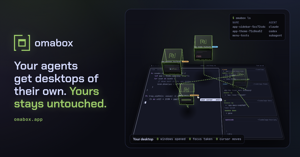omabox.app's link card: the omabox mark, the headline, and the hero's live scene: your desktop as the floor, four agents' boxes above it